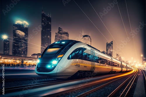 High-speed train at the station and a blurred city in the background, high resolution, high-quality image, travel, lighting, colorfulness, fast travel, be on time, technology, progress. AI