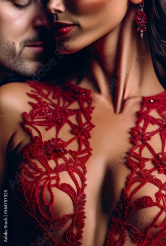 A woman in lingerie kissed by unshaved man, the beautiful black or metis lady wears a red lace elegant transparent body or corset open on her nude breasts, refined chic nudity, made with AI Generative