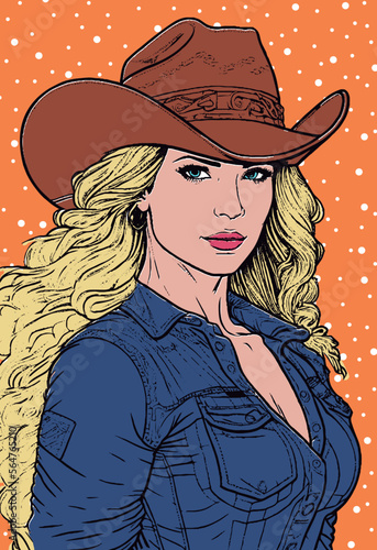  Beautiful cowgirl with blond hair in a hat. Pop art style. Artwork design, illustration for t-shirt printing, poster, badge wild west style, American western.