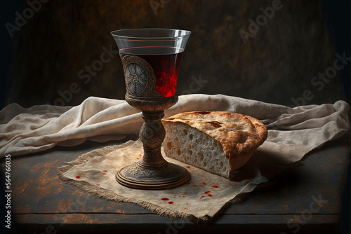 Chalice of wine with a piece of bread on a Lord's Supper table, wine, bread, supper, christ, Generative Ai 