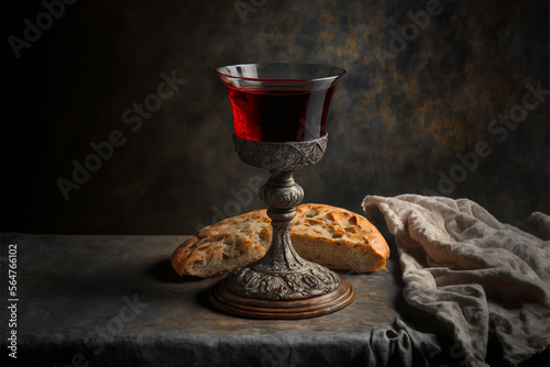 Chalice of wine with a piece of bread on a Lord's Supper table, wine, bread, supper, christ, Generative Ai 