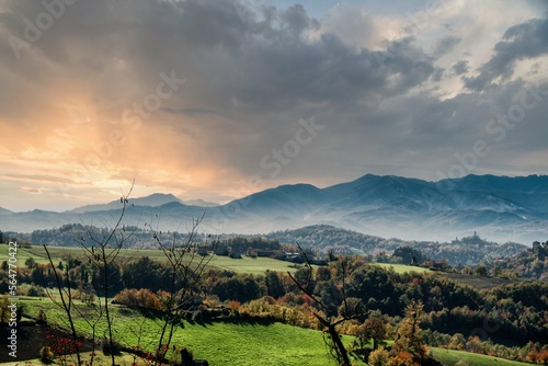 autumn landscapes of the Piedmontese Langhe with its colors and hills near Alba, in the province of Cuneo