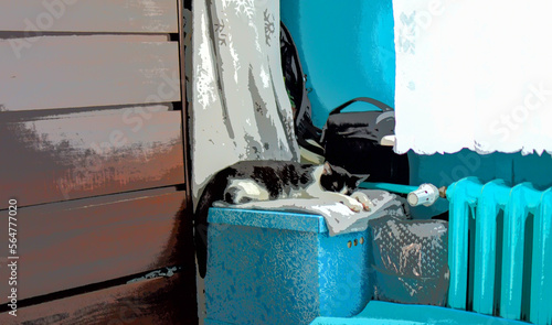 Animowany śpiący kotek na kocyku na kartonowym pudełku 