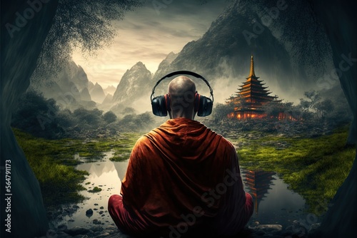 Rear view of buddhist monk in lotus position listenin, created with Generative AI technology