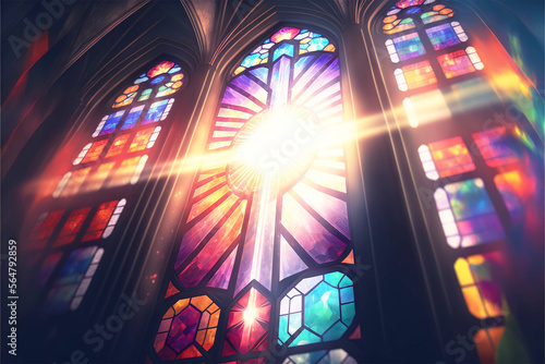 beautiful vibrant stained glass window of the cathedral with piercing rays of bright sunlight shining in the aisle, church, catholic generative ai 