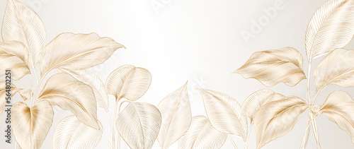Abstract luxury art background with tropical leaves hand drawn in gold line art style. Botanical banner for decoration, print, wallpaper, textile, interior design.