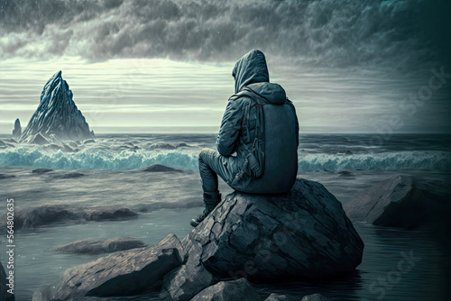 Un homme de dos qui attend seul, assis sur un rocher face aux vagues de l'océan, sous la tempête, illustration IA générative