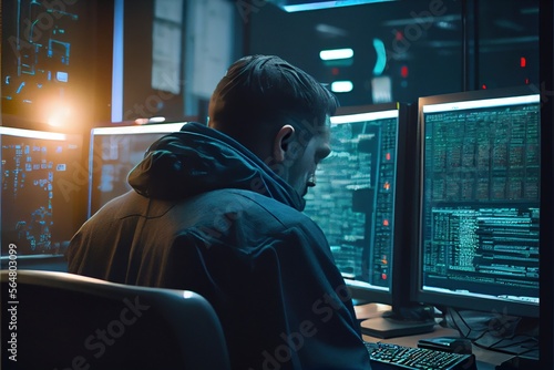 Professional hacker is working on hacking servers and websites. A hacker works in a multi-monitor environment while hacking into a server. Generative AI