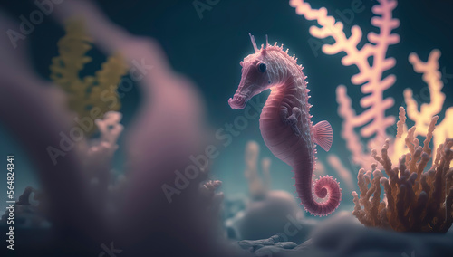 Pink SeaHorse in the Ocean, photography of a little seahorse in the water, Generative AI