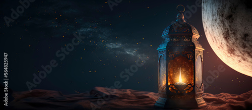 Arabic lantern with burning candle and night sky with waning crecent moon in the background, RAMADAN, Generative AI