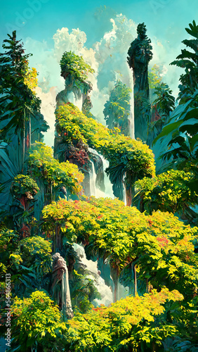 statues summer landscape with tropical forest illustration Generative AI Content by Midjourney