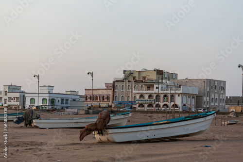 Sur, Oman - September 2019: Boats on the beach early morning