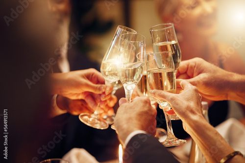 Success, hands or toast in a party for goals, winning deal or new year at luxury social event celebration. Motivation, team work or people cheers with champagne drinks or wine glasses at dinner gala