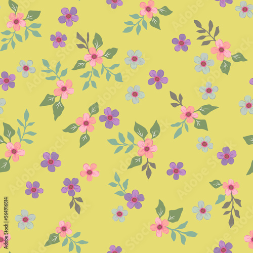 Vector floral seamless pattern with small vintage-style flowers on a light green background. For fabrics, textiles and design.