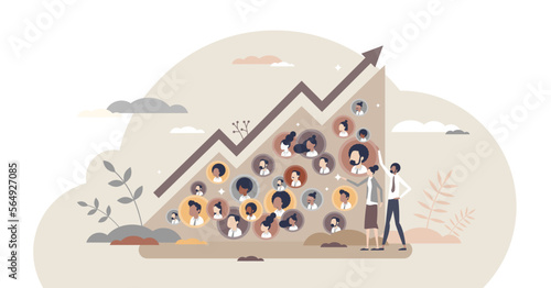 Community growth and social labor count increase tiny person concept, transparent background. Nation demographic arrow or business personnel, unemployment, followers, subscribers.