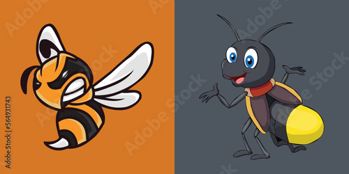 Collection of Cartoon Cute Insects Bee, Firefly 