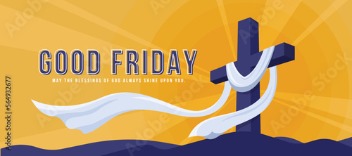 Good friday - Purple 3d cross crucifix with white cloth on mountain and yellow sunshine background vector design