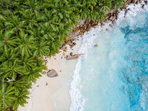 Drone view from above at a tropical beach in the Seychelles Mahe Island