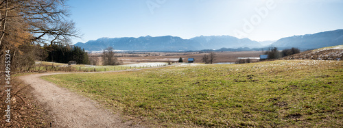 hiking route along Murnauer Moos moorlands with stunning alps view