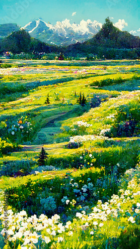 fresh green meadows and blooming flowers and snow capped illustration Generative AI Content by Midjourney