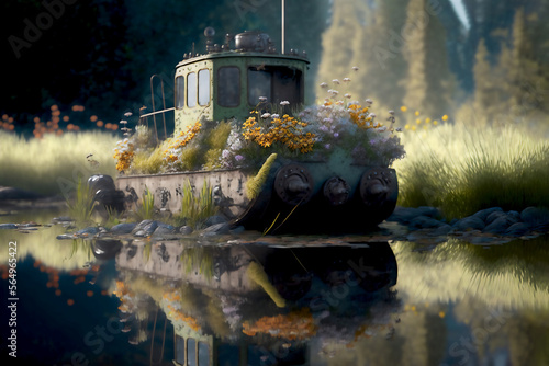 A tugboat reflecting in the water, covered in moss and flowers, made with generative AI