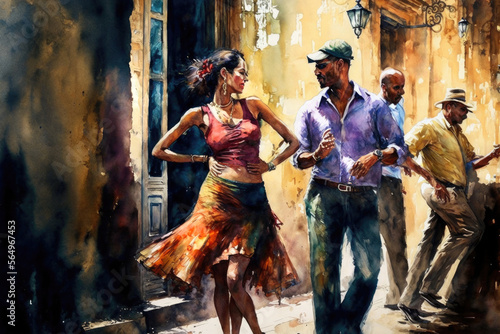 Couple of cuban dancers dancing salsa or rumba cubana on the street. AI generative illustration.