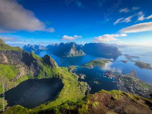 Wide Angle landscape over the Lofoten Islands from the Reinebringen Mountain, Norway
