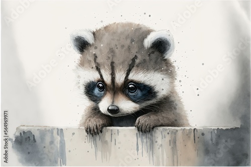  a raccoon is peeking over a fence with its head over the edge of the fence and looking at the camera with a sad look on its face. generative ai