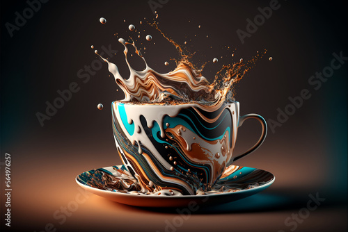 A cappuccino cup of liquid chocolate with milk, splashes of milk and chocolate in dynamic composition, aromatic coffee splashing in a wavy multicolored designer coffee cup, generative ai.