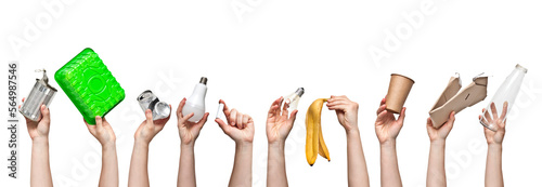 A lot of woman's hands are holding different kind of garbage on the transparent background