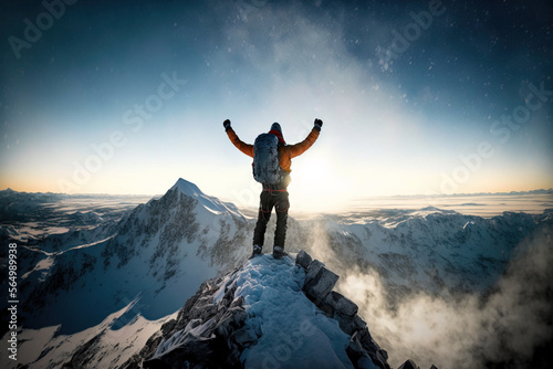 Achieving your dreams concept, with mountain climber celebrating success on top of mountain, Generative AI illustration