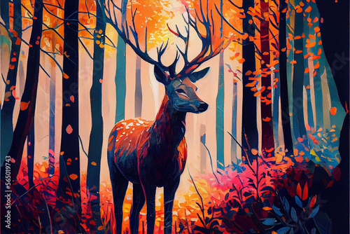 Oil painting art poster, generative Ai of deer in the woods