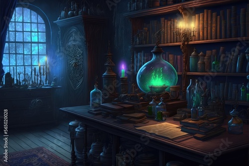 Wizards alchemy lab. Fantasy magical scene. Generative ai.
