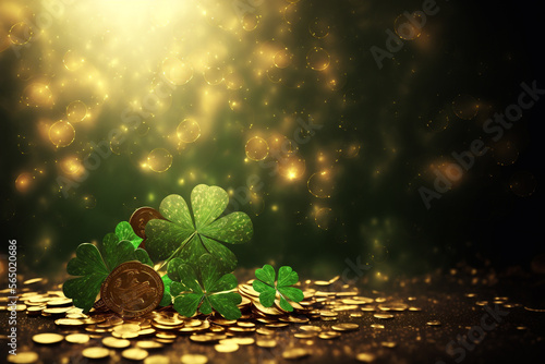 Clover Shamrocks, golden coins and bokeh. Festive image for St. Patrick's day. Generative AI. 