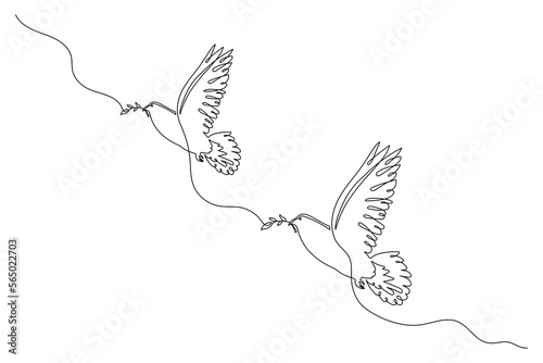 Peace dove with olive branch, one line art continuous contour. Hand drawn pigeon, doodle hope bird sign of freedom and independence.Editable stroke.Isolated.Vector illustration