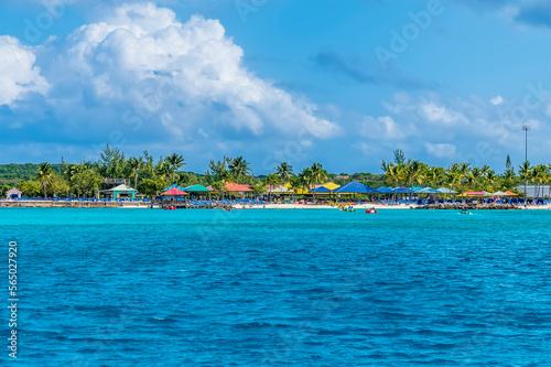 A view towards the coastline on the island of Eleuthera, Bahamas on a bright sunny day