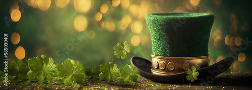 Banner with Shiny green hat, gold coins and clover leaves. St. Patrick's day concept. Generative AI illustration
