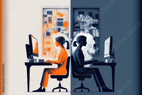  a couple of people sitting at a desk with a computer monitor and a laptop computer on it, with a city in the background and a woman sitting at a desk with a computer. generative ai