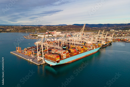 Exciting summer view from flying drone of Koper port. Aerial outdoor scene of Adriatic coastline, Slovenia, Europe. Splendid Mediterranean seascape. Traveling concept background.