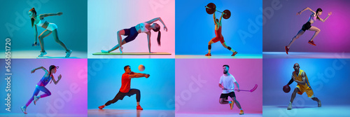 Collage. Different sportive people, professional athletes training isolated over multicolored background in neon light. Concept of motion, action, active lifestyle, achievements, challenges