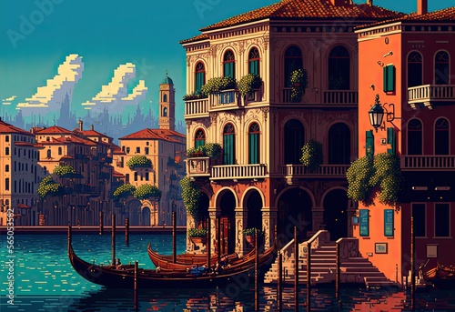 Pixel art city of Venice, grand canal of venice, cityscape background in retro style for 8 bit game, Generative AI 