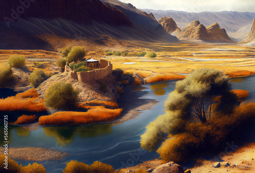 Afghanistan landscape with mountains. Generative AI Art. Beautiful view.