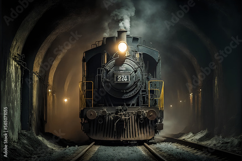 Steam locomotive in a coal mine underground. Mineral resources for transportation.