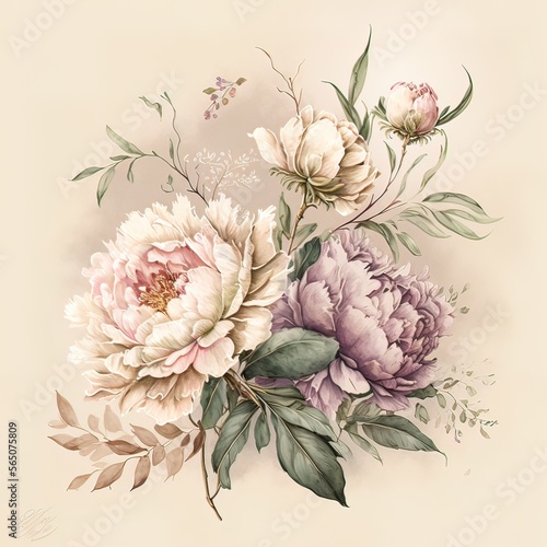 Delicate light peony flowers in the style of watercolor paints. AI