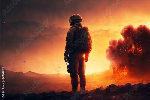 A Soldier Standing Looking into the Sunset