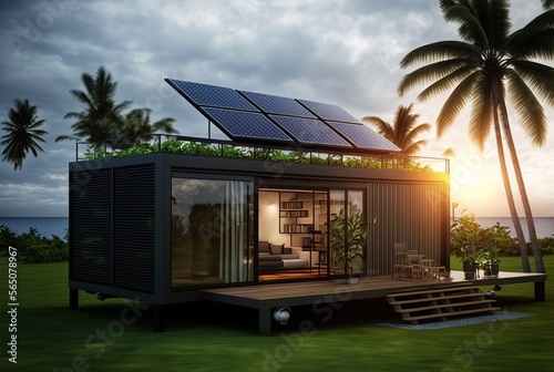 modern industry exterior style house in forest, made from converted shipping container has solar panel roof, beautiful nature landscape, sustainability for environmental preservation Generative Ai