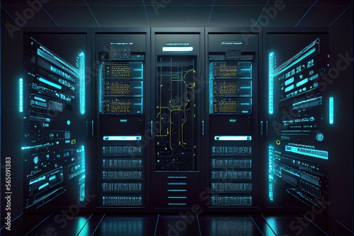 Big cloud data center, computer networking server room warehouse. Information technology concept. Generative AI