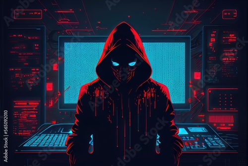 Hacker in the hood silhouette in the dark, black hat, red and blue neon binary code glow. Generative AI