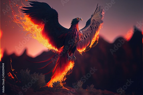 Realistic phoenix burning bird in the sunset. Generative AI