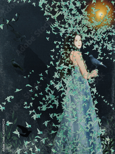 Ilustracja grafika młoda kobieta z długimi włosami z krukiem, otoczona zwisającym zielonym bluszczem.